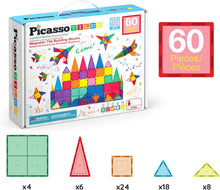 PicassoTiles 60 Piece Set 60pcs Magnet Building Tiles Clear Magnetic 3D Blocks Construction Playboards